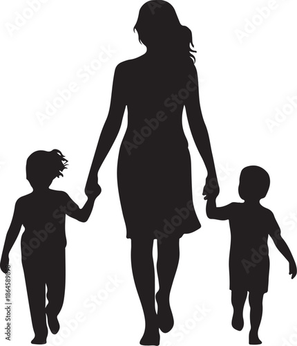Silhouette of woman holding hands with two children walking
