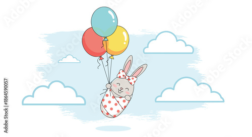Sweet hand-drawn illustration of a baby bunny in a polka-dot swaddle floating up into a cloudy sky with colorful balloons.