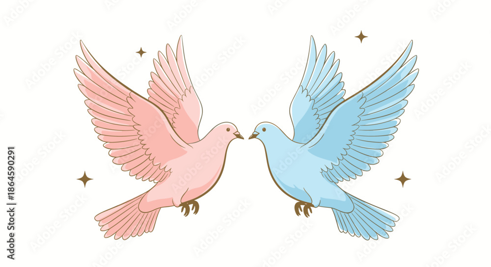 Obraz premium Graceful pair of pink and blue doves flying towards each other in mid-air surrounded by shimmering golden stars against white.