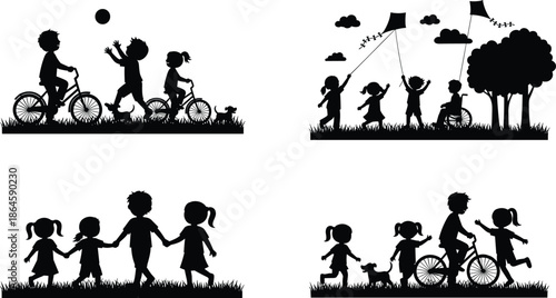 Children playing outdoor silhouette illustration showing friendship cycling kite flying joyful childhood activities isolated on white background vector artwork