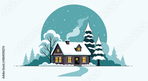 Cozy wooden cabin nestled in a serene winter landscape with snow-covered trees and a peaceful path under a large teal moon.