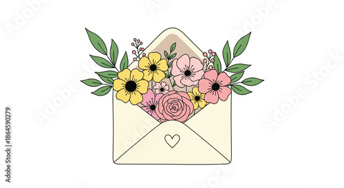 Beautiful open cream envelope overflowing with a lush variety of colorful spring flowers and green leaves with a small heart.