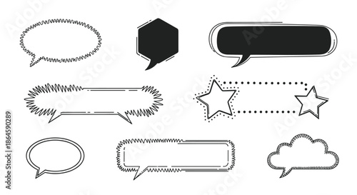 Selection of hand-drawn comic book speech bubbles and expressive callouts in a simple black and white line art style.