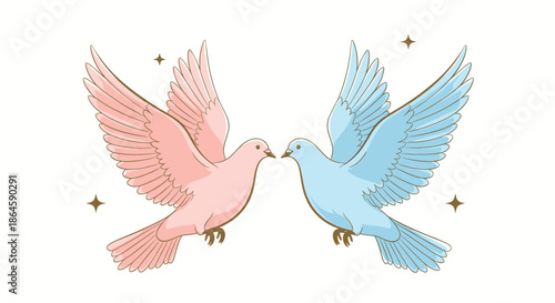 Graceful pair of pink and blue doves flying towards each other in mid-air surrounded by shimmering golden stars against white.
