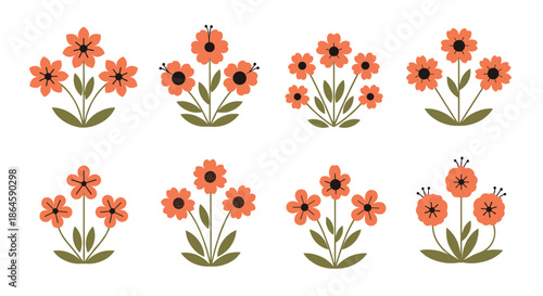 Symmetrical arrangement of eight groups of simple orange flowers with green leaves and stems on a white background.