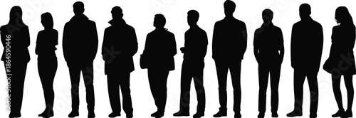 Collection of diverse male and female silhouettes standing in various professional poses wearing casual business attire isolated on white background