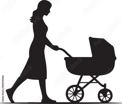Silhouette of woman pushing baby stroller walking