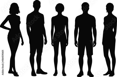Collection of diverse male and female silhouettes standing in various professional poses wearing casual business attire isolated on white background