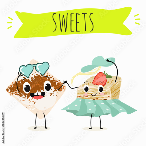 Funny Characters Turkish Tavuk Gogsu, Gullach, dessert, Eastern sweets. Hand drawn vector illustration.