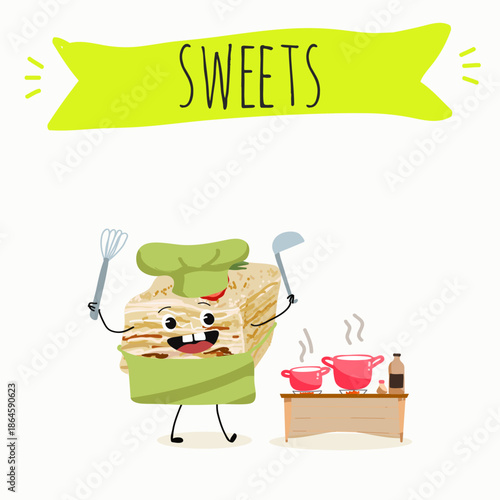 Funny Characters Turkish Tavuk Gogsu, Gullach, dessert, Eastern sweets. Hand drawn vector illustration.