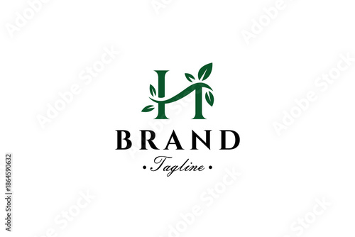 letter H with leaf elements in natural flat logo vector design style
