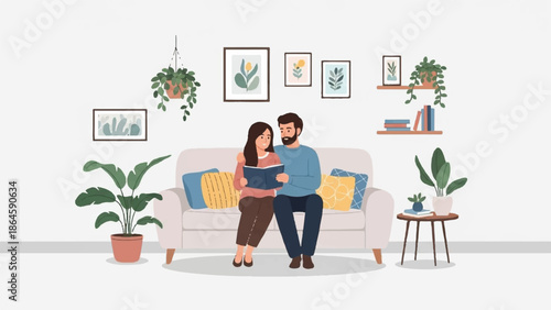 Couple sitting together on a couch surrounded by plants and artwork in a cozy living room