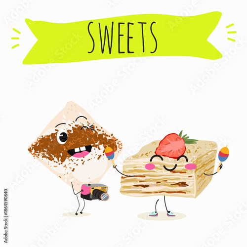 Funny Characters Turkish Tavuk Gogsu, Gullach, dessert, Eastern sweets. Hand drawn vector illustration.