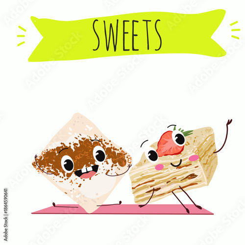 Funny Characters Turkish Tavuk Gogsu, Gullach, dessert, Eastern sweets. Hand drawn vector illustration.