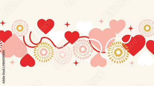 A vibrant illustration of hearts and floral patterns on a soft background from a direct viewpoint