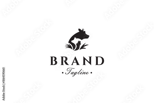 Farm logo design. Cow, chicken and pig animals in flat vector design style.
