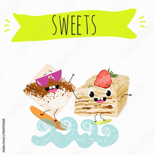 Funny Characters Turkish Tavuk Gogsu, Gullach, dessert, Eastern sweets. Hand drawn vector illustration.