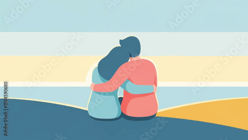 Two people embracing on a serene beach landscape with calm waters and a soothing atmosphere