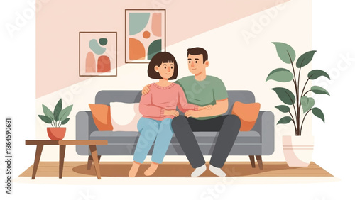 Couple sitting together on a sofa in a cozy living room with plants and artwork surrounding them.