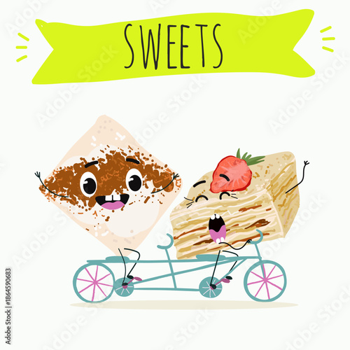 Funny Characters Turkish Tavuk Gogsu, Gullach, dessert, Eastern sweets. Hand drawn vector illustration.