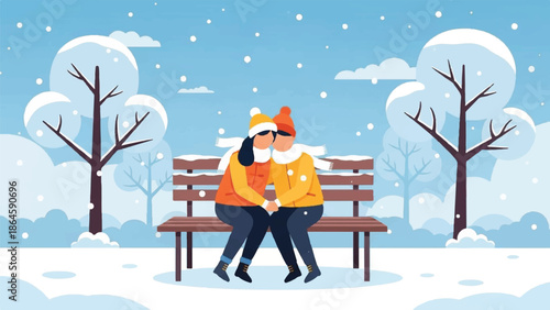 Couple Sitting Together on a Snowy Bench in a Winter Park Scene