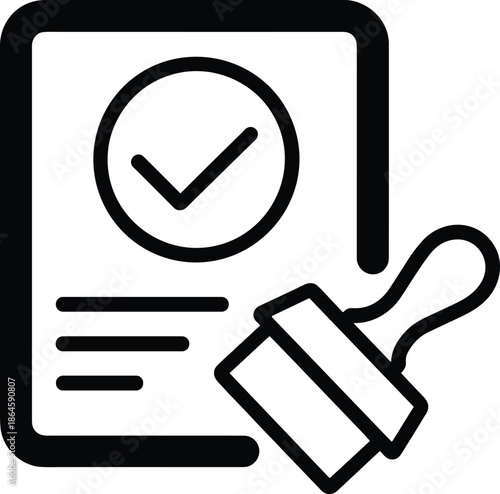 Document approval stamp icon illustration, verified checklist symbol, official certification concept, flat line vector design isolated on white background template