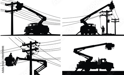 
Bucket truck utility workers, power line maintenance, silhouette illustration, safety gear, electrical infrastructure, teamwork, black and white, CAD drawing flat vector illustration