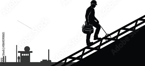 Construction worker climbing steel structure, safety harness, industrial site, black and white, CAD drawing flat vector illustration, hard hat, tool bag