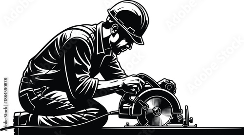 Construction worker using circular saw, safety gear, kneeling position, black and white, CAD drawing flat vector illustration, precision cutting, hard hat