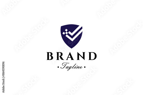 shield logo with technology tick icon symbol in flat vector design style