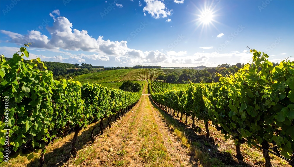 Obraz premium Vineyard Landscape Under Sunny Blue Sky with Lush Green Grapes.