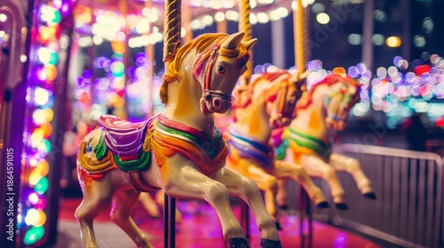 tennessine. A vibrant carousel at night with colorful horses and festive lights. wildlife magazines, conservation campaigns, designed for wildlife conservation campaigns.
