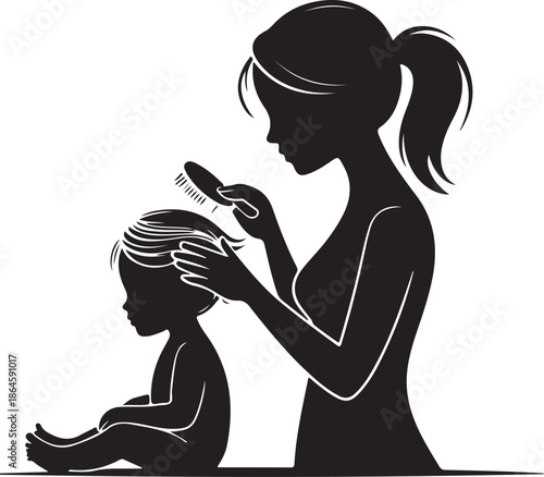 Woman Combing Childs Hair Silhouette
