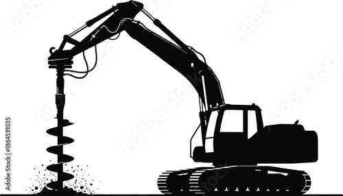 Excavator with auger drill, construction machinery, ground drilling, black and white, CAD drawing flat vector illustration, heavy equipment, soil work