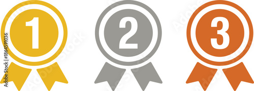 Gold silver bronze award ribbon badges with numbers, first second third place winner medals icons vector illustration isolated on white