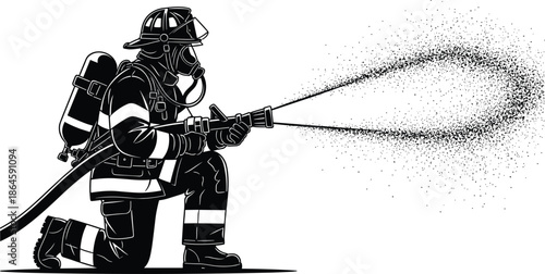 Firefighter in full protective gear kneeling and spraying water from hose, emergency response silhouette, professional fire rescue service operation, industrial safety illustration