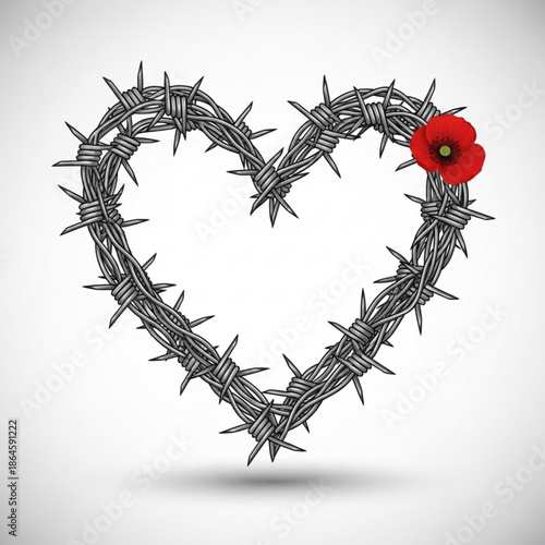 Barbed wire heart with poppy symbol of remembrance and sacrifice isolated on white background