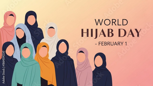 Diverse group of women wearing hijabs celebrating World Hijab Day on February 1st vector illustration for social media and awareness campaigns
