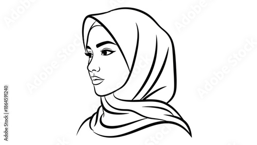 Elegant woman wearing a hijab minimalist line art illustration for beauty and fashion concepts isolated on white background