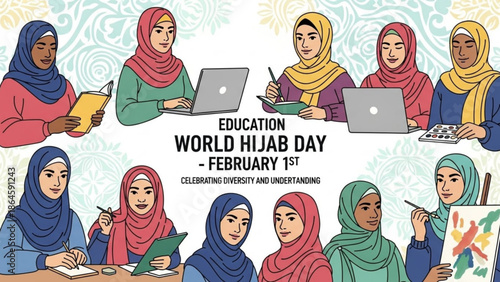 Diverse women in hijabs learning and creating celebrating World Hijab Day on February 1st illustration for cultural understanding