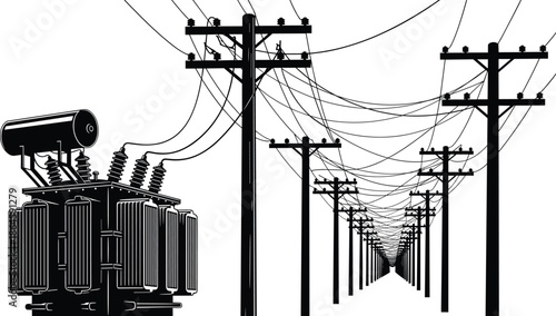 High Voltage Electrical Power Grid with Transformer and Utility Poles, Industrial Energy Infrastructure Network, Detailed Black and White Silhouette Vector Illustration.