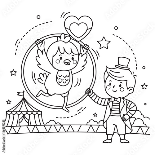 Cartoon chicken performing in circus ring with ringmaster bird performer
