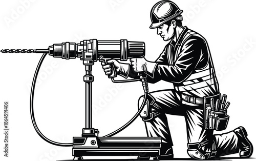 Professional Construction Worker Operating Heavy Duty Industrial Diamond Core Drill Machine, Skilled Laborer Using Power Tool for Precision Masonry Drilling, Detailed Engraving Illustration.