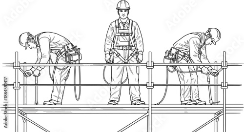 Professional Construction Workers Wearing Safety Harnesses Working on Scaffolding, Industrial Building Site Site Laborers, Detailed Black and White Line Art Illustration.