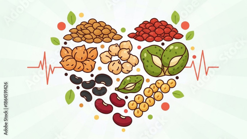 Heart shape of healthy legumes and grains flat vector illustration for nutrition and wellness concepts isolated on white background