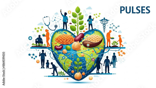Healthy heart shaped earth with diverse people pulses and medical symbols representing global health and nutrition awareness