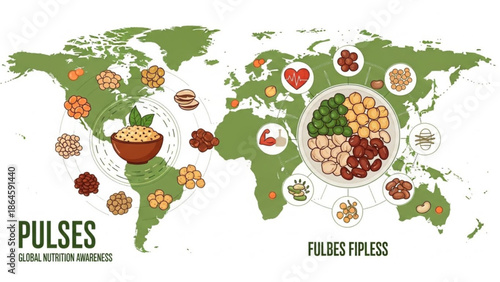 Global pulses map illustration showing legume diversity and nutrition awareness flat design vector for food and health concepts