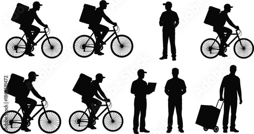 Professional Delivery Service Personnel Silhouette Collection, Courier Riding Bicycle with Thermal Bag, Mail Carrier and Package Delivery Worker, Detailed Black Vector Illustration.