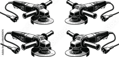 Professional Electric Angle Grinder Power Tool Collection, Industrial Metal Grinding Equipment Set, Detailed Black and White Engraving Style Hardware Workshop Tool Illustration.