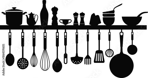 Kitchen utensils silhouette illustration, cooking tools hanging shelf, pots pans ladles, home culinary equipment, black vector icon set, minimal design